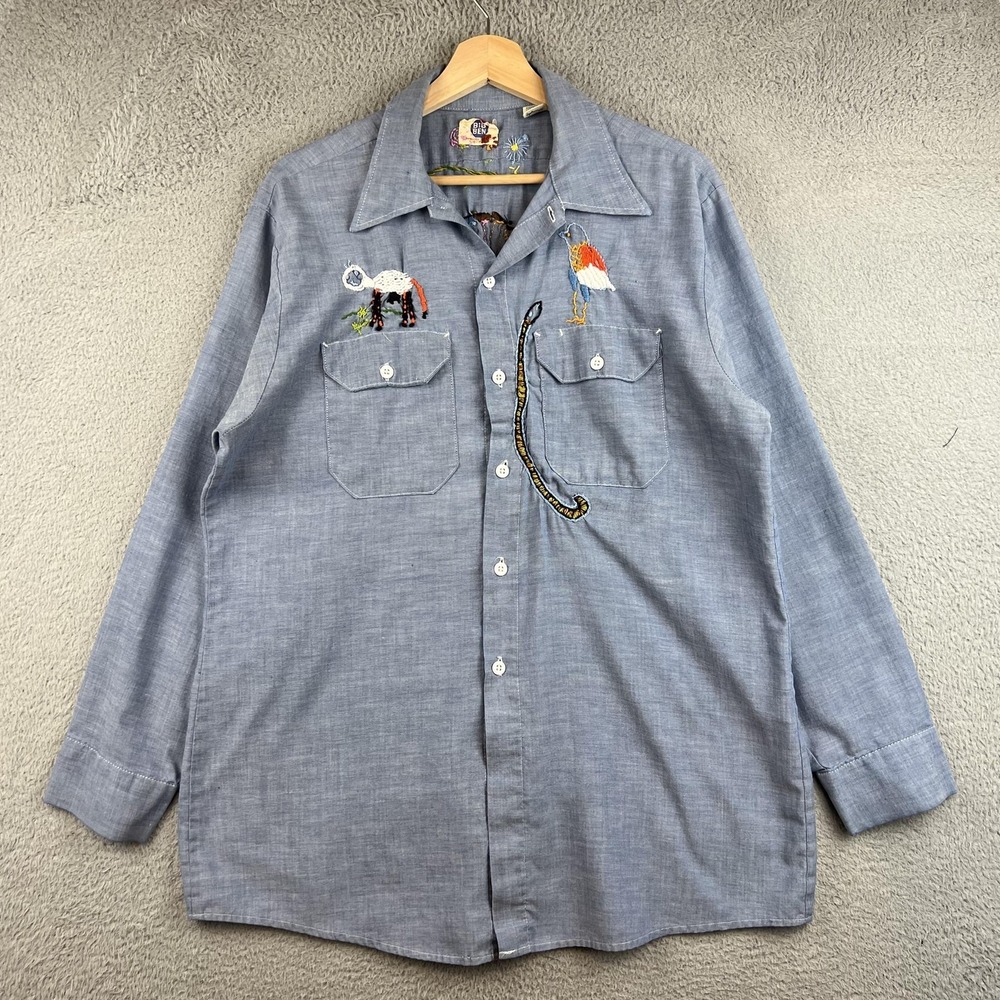 Vintage Big Ben Shirt Mens Medium Blue Chambray Embroidered Animals Floral 70s